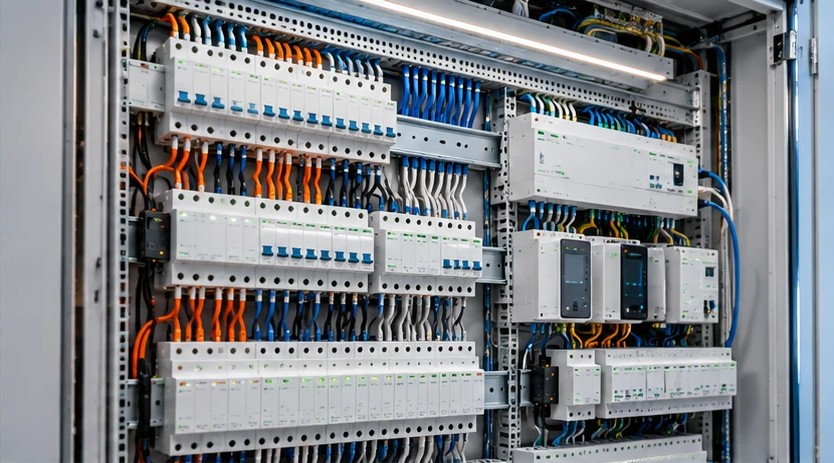 Professionell aufgebaute Elektroverteilung mit Automationskomponenten und strukturierter Verdrahtung