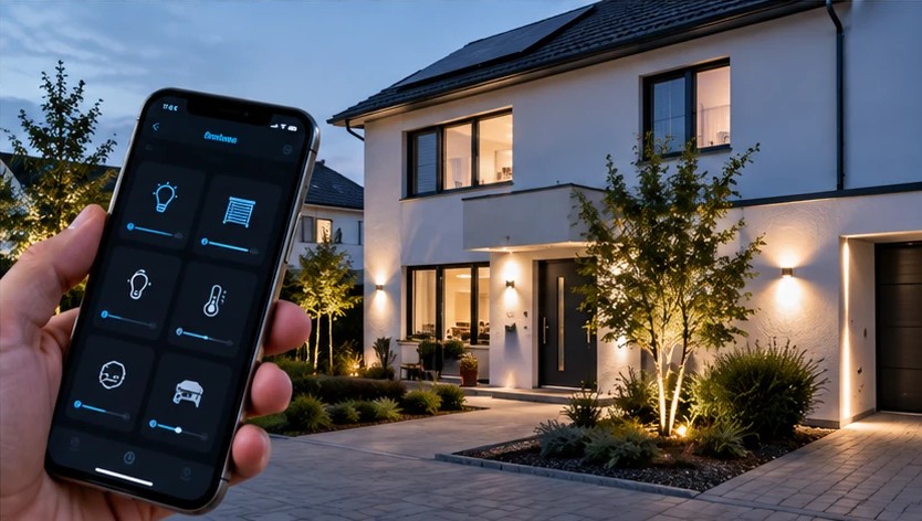 Intelligente Gebäudesteuerung per Smartphone vor einem modernen Einfamilienhaus